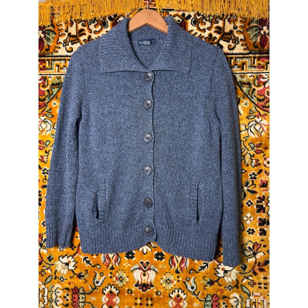 y2K Knitwear Blue 100% Cotton Cardigan XL Large Buttons + Pockets Karen Scott